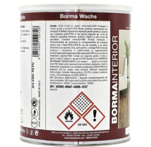 Etichetă Borma Wachs Borma Interior cu instrucțiuni de siguranță și simboluri de pericol pentru lichide inflamabile și riscuri pentru sănătate.