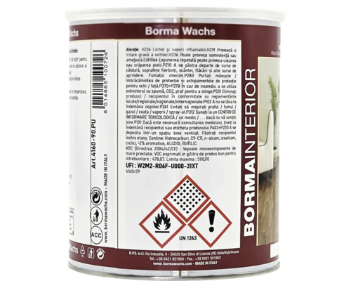 Etichetă Borma Wachs Borma Interior cu instrucțiuni de siguranță și simboluri de pericol pentru lichide inflamabile și riscuri pentru sănătate.