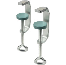 Două cleme metalice cu șurub, discuri de presiune rotunde și mânere inelare.