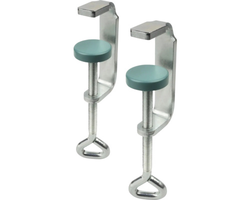 Două cleme metalice cu șurub, discuri de presiune rotunde și mânere inelare.