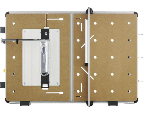 Masă multifuncțională din MDF cu placă perforată, șine de ghidare și cadru din aluminiu, vedere de sus.