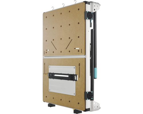 Masă de strângere și pentru mașini pliabilă cu blat din MDF, raster de găuri și scală integrată.