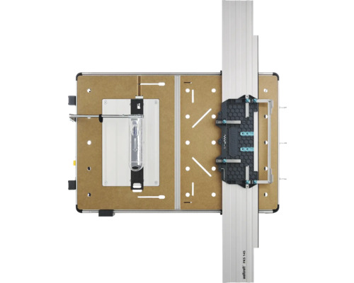 Masă pentru mașini Wolfcraft Master Cut cu șină de ghidare FKS 145 și blat maro, vedere de sus.