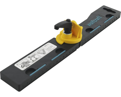 Echer și ghidaj de tăiere Wolfcraft cu scală milimetrică, manetă de blocare galbenă și Wolfcraft Logo.