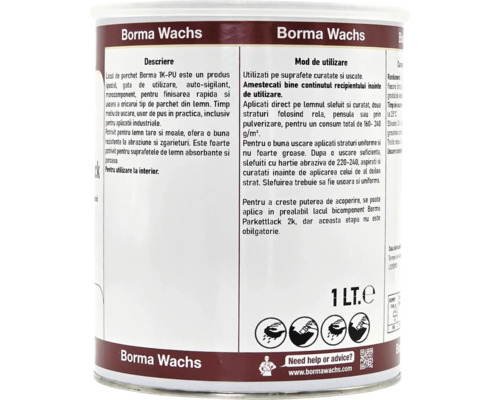 Lac pentru parchet Borma Wachs 1 litru, lac poliuretanic monocomponent pentru pardoseli din lemn la interior cu instrucțiuni de utilizare.
