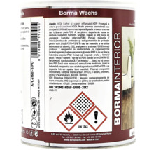 Eticheta de pe spatele produsului Borma Wachs Bormainterior pentru lemn cu simboluri de siguranță pentru inflamabil și atenție.