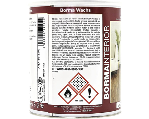 Eticheta de pe spatele produsului Borma Wachs Bormainterior pentru lemn cu simboluri de siguranță pentru inflamabil și atenție.