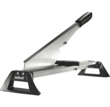 Ghilotină pentru parchet laminat Wolfcraft, metalică, cu mâner și picioare de sprijin negre.