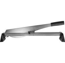 Ghilotină pentru laminat și vinil din metal cu pârghie lungă și mâner din plastic negru.