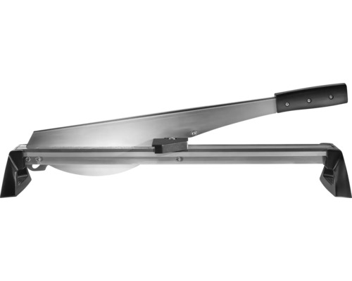 Ghilotină pentru laminat și vinil din metal cu pârghie lungă și mâner din plastic negru.