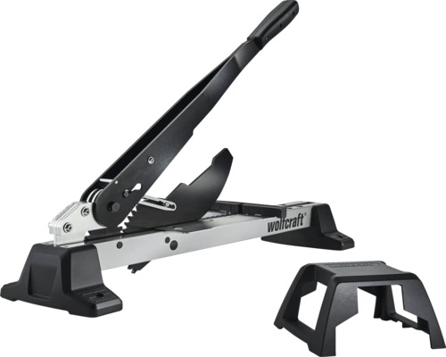 Ghilotină pentru tăiat laminat Wolfcraft cu mâner lung și suport separat pentru material.