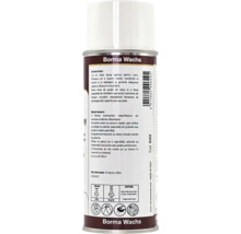 Spatele unui spray de retuș Borma Wachs pentru lemn cu instrucțiuni de utilizare, simboluri de reciclare și Borma Wachs Logo.