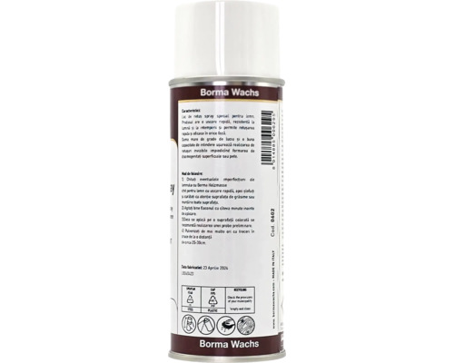 Spatele unui spray de retuș Borma Wachs pentru lemn cu instrucțiuni de utilizare, simboluri de reciclare și Borma Wachs Logo.