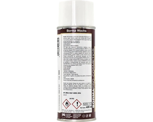 Spray Borma Wachs Bormapro Cosmetics cu o capacitate de 400 mililitri. Tubul prezintă instrucțiuni de siguranță și simboluri pentru aerosoli inflamabili.