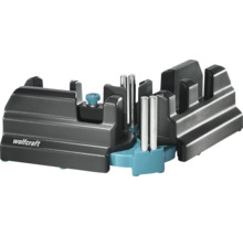 Dispozitiv Wolfcraft pentru măsurat unghiuri și tăiat la unghi din plastic cu știfturi de ghidare metalice pentru tăiere precisă.