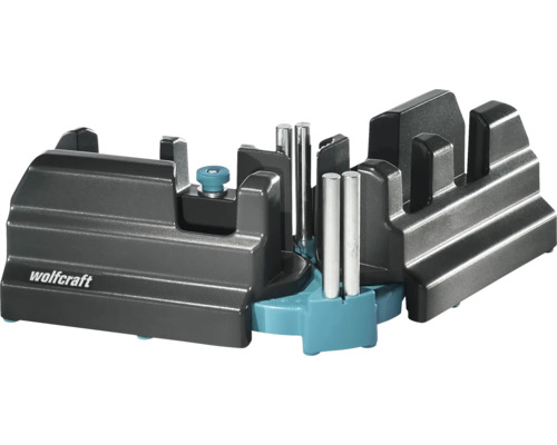 Dispozitiv Wolfcraft pentru măsurat unghiuri și tăiat la unghi din plastic cu știfturi de ghidare metalice pentru tăiere precisă.