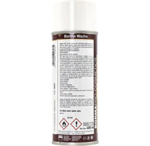 Partea din spate a unui spray Borma Wachs cu informații despre produs, 400 mililitri, simboluri de siguranță și cod de bare.