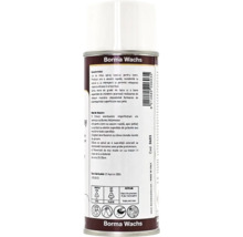 Borma Wachs lac de retuș spray special pentru lemn, flacon cu instrucțiuni de folosire și simboluri de reciclare.