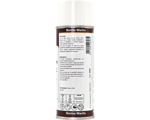 Borma Wachs lac de retuș spray special pentru lemn, flacon cu instrucțiuni de folosire și simboluri de reciclare.