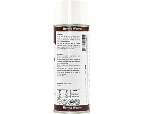 Lac de retuș spray Borma Wachs pentru lemn, uscare rapidă și rezistență la intemperii, distanță de pulverizare circa 25 până la 30 centimetri.