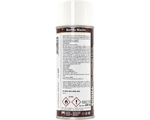 Vedere din spate a unui spray Borma Wachs, cu instrucțiuni de siguranță, simboluri de pericol pentru inflamabilitate și riscuri de sănătate, 400 mililitri.