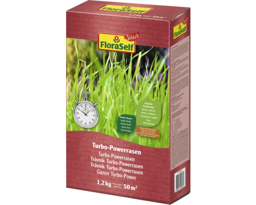 Amestec de gazon FloraSelf Turbo-Power în pachet de 1,2 kilograme pentru 50 de metri pătrați