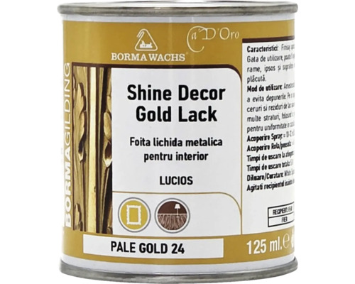 Lac auriu Borma Wachs Shine Decor, Pale Gold 24, 125 mililitri, foiță lichidă metalică lucioasă pentru interior.