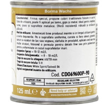 Etichetă produs Borma Wachs cu instrucțiuni de utilizare pentru lemn, ipsos și metal, 125 mililitri.