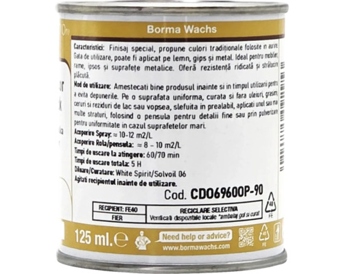 Etichetă produs Borma Wachs cu instrucțiuni de utilizare pentru lemn, ipsos și metal, 125 mililitri.