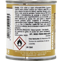 Cutie metalică cu etichetă de produs, cod de bare, simbol de pericol pentru lichide inflamabile și instrucțiuni de siguranță în limba română.