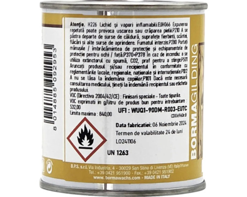 Cutie metalică cu etichetă de produs, cod de bare, simbol de pericol pentru lichide inflamabile și instrucțiuni de siguranță în limba română.