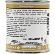 Etichetă spate Borma Wachs 125 mililitri cu instrucțiuni pentru lemn, gips și metal, timpi de uscare, randament și simboluri de reciclare.
