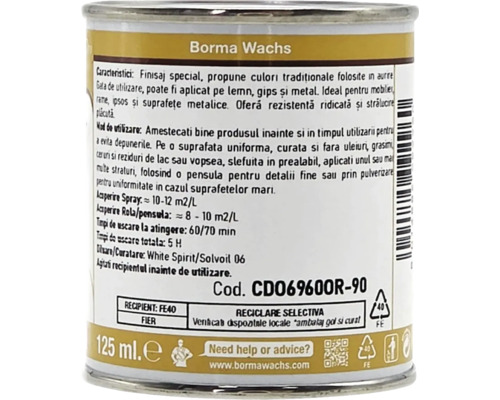 Etichetă spate Borma Wachs 125 mililitri cu instrucțiuni pentru lemn, gips și metal, timpi de uscare, randament și simboluri de reciclare.