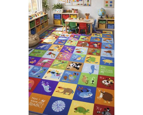 Covor colorat pentru copii cu alfabet și animale într-o cameră de joacă luminoasă cu mobilier pentru copii și cutii de depozitare.