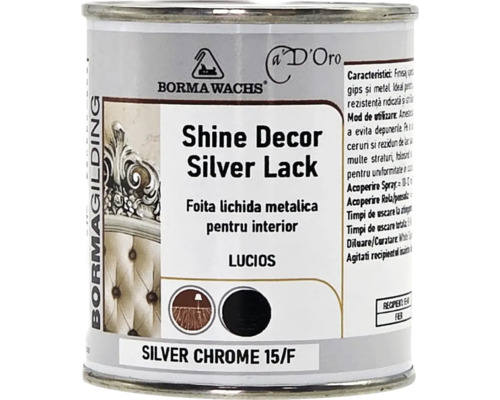 Borma Wachs Shine Decor Silver Lack, foiță lichidă metalică pentru interior, lucios, nuanță Silver Chrome 15/F, cutie metalică.