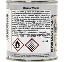 Eticheta spate a Borma Wachs Bormagilding cu instrucțiuni de siguranță, simbol de inflamabilitate și informații tehnice despre produs.