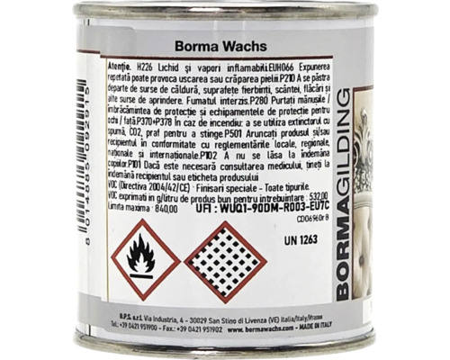 Eticheta spate a Borma Wachs Bormagilding cu instrucțiuni de siguranță, simbol de inflamabilitate și informații tehnice despre produs.
