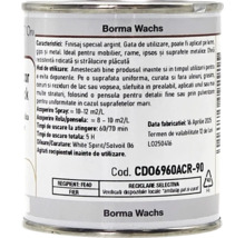 Eticheta spate a unei cutii metalice Borma Wachs finisaj argint cu instrucțiuni de folosire, timp de uscare și simbol de reciclare pentru oțel.