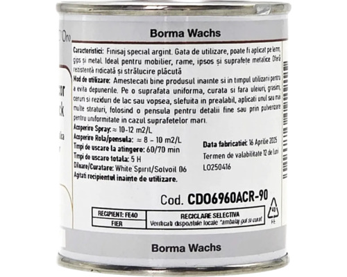 Eticheta spate a unei cutii metalice Borma Wachs finisaj argint cu instrucțiuni de folosire, timp de uscare și simbol de reciclare pentru oțel.