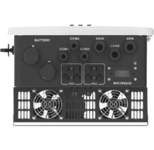 Partea din spate a unui invertor cu conexiuni pentru baterie, COM, rețea, generator, PV și WIFI/RS232