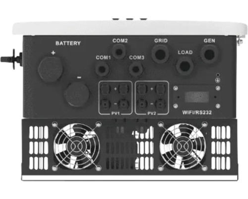 Partea din spate a unui invertor cu conexiuni pentru baterie, COM, rețea, generator, PV și WIFI/RS232