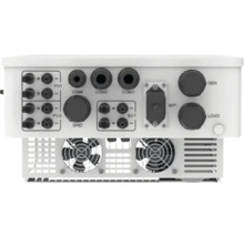 Partea din spate a unui invertor cu conexiuni pentru PV1, PV2, COM1, COM2, COM3, Grid, baterie, WiFi, generator și sarcină