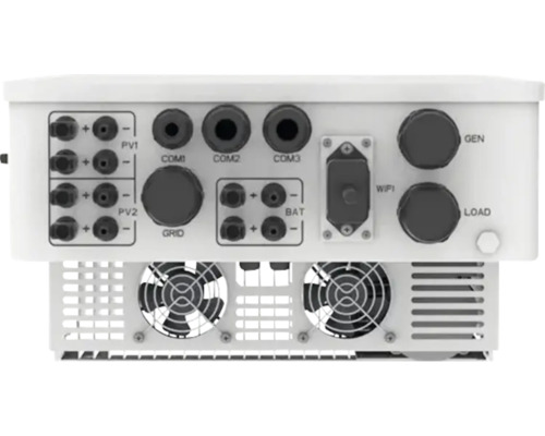 Partea din spate a unui invertor cu conexiuni pentru PV1, PV2, COM1, COM2, COM3, Grid, baterie, WiFi, generator și sarcină