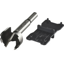 Burghiu Forstner Wolfcraft cu diametrul de 35 milimetri și un șablon de marcare negru pentru balamale de mobilier.