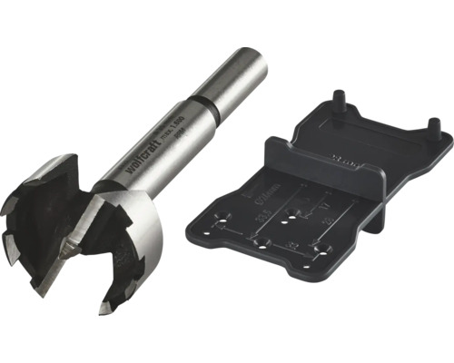 Burghiu Forstner Wolfcraft cu diametrul de 35 milimetri și un șablon de marcare negru pentru balamale de mobilier.