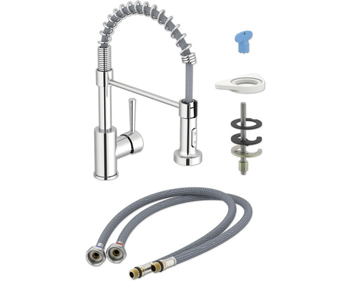 Baterie de bucătărie cu furtun de duș și accesorii de montaj