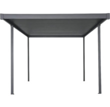 Foișor metalic cu acoperiș dreptunghiular și patru stâlpi de susținere.