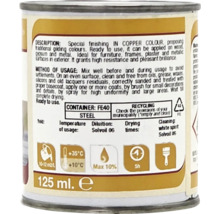 Spatele unei cutii de vopsea de culoarea cuprului, 125 mililitri, cu simboluri pentru randament, temperatură, diluare, timp de uscare și aplicare.