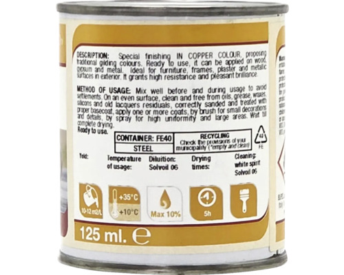 Spatele unei cutii de vopsea de culoarea cuprului, 125 mililitri, cu simboluri pentru randament, temperatură, diluare, timp de uscare și aplicare.