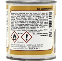 Etichetă de produs pe o cutie cu simboluri de pericol pentru inflamabilitate și avertizare, informații tehnice și detalii despre producător.